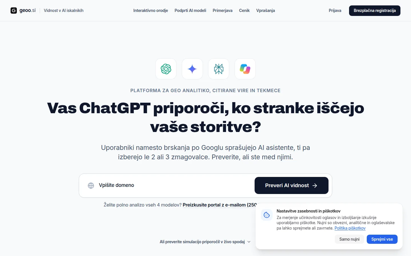 geoo.si — naslovna stran s podnaslovom Vaš ChatGPT priporoči, ko stranke iščejo vaše storitve