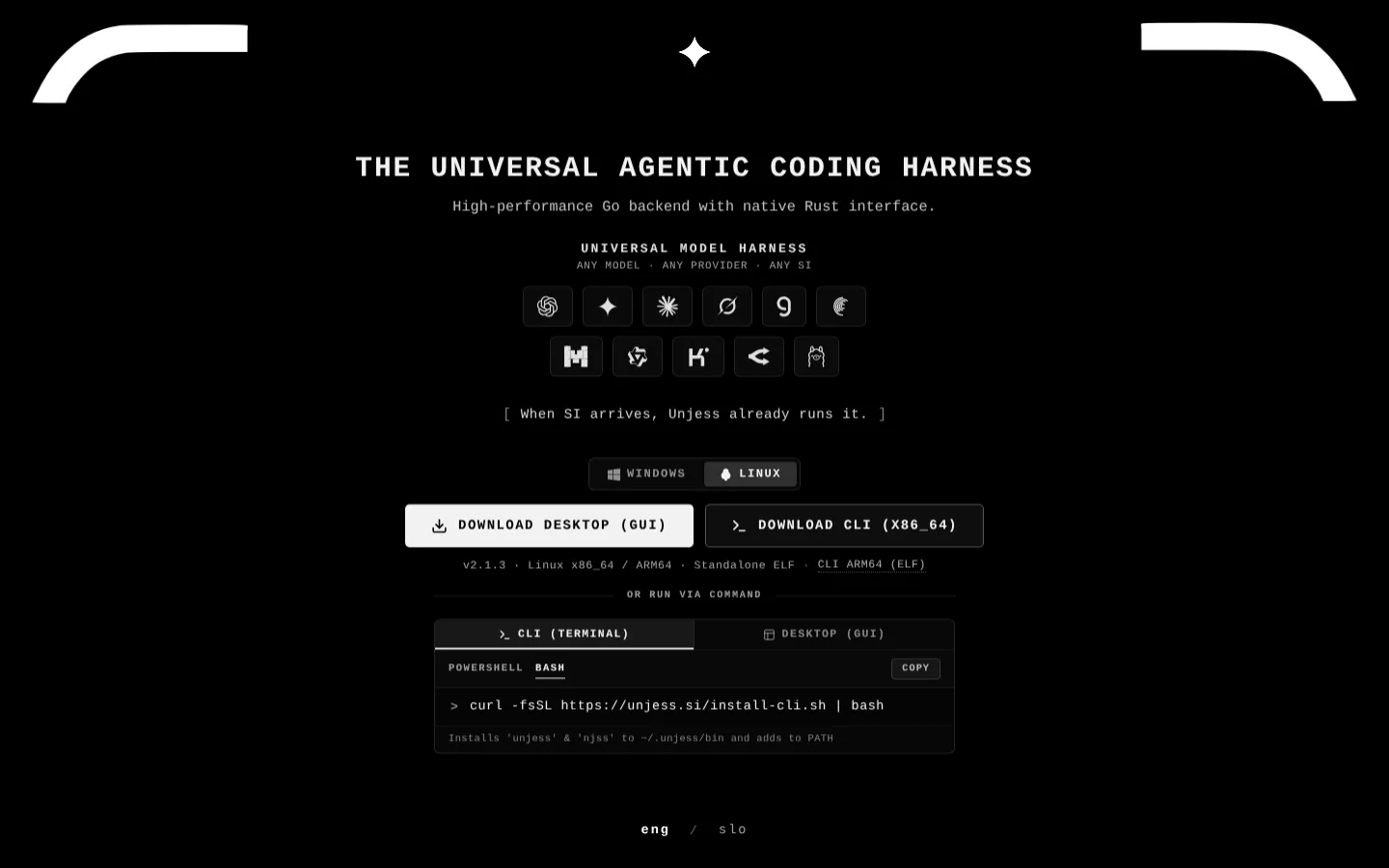 unjess.si — naslovna stran z naslovom The Universal Agentic Coding Harness