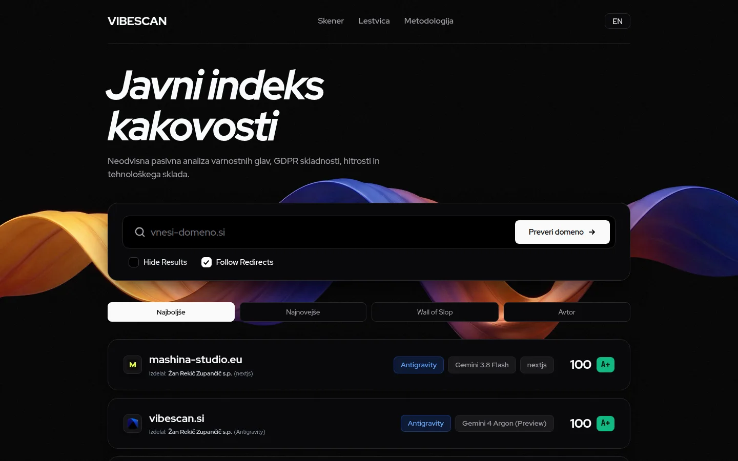 vibescan.si — javni indeks kakovosti spletnih strani z iskalnim poljem in lestvico